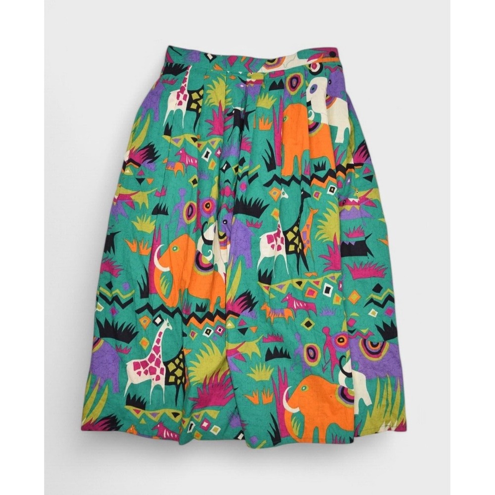 Vintage Batya Skirt Women 14 Green Pleated Flare African Animals Elephant Safari